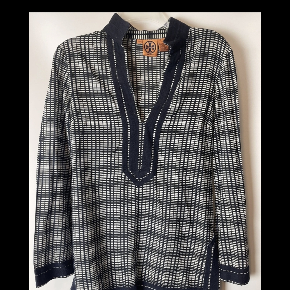 Tory Burch Skinny Stripe Navy Tunic Long Sleeve Beach Cover-up SZ 6